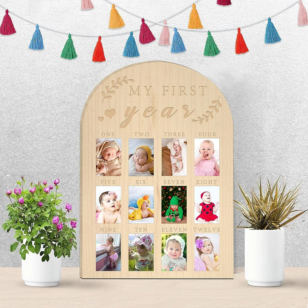 Baby's Photo Display Wood Board Photo Frame Milestone Board 12 Months Baby Picture Frame Memory Card Birthday Home Decorations