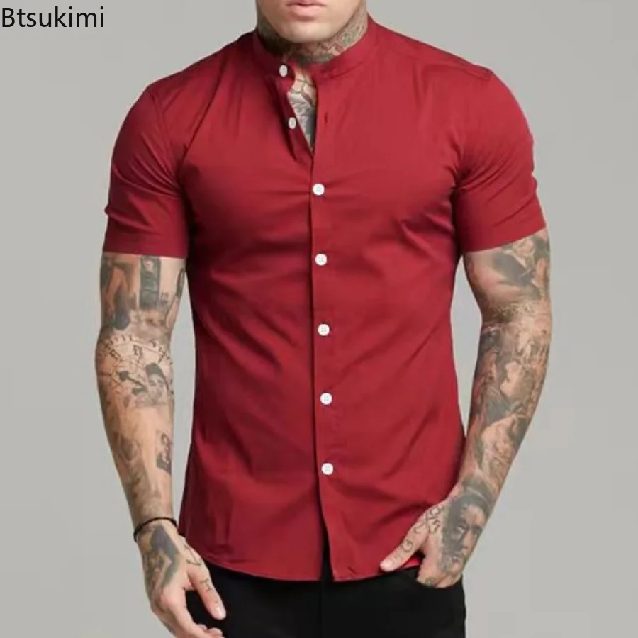 New Arrivals Summer Man Short Sleeve Shirt Solid Fitness Mens Stand Collar Super Slim Fit Business Dress Shirt Male Camisas 2023