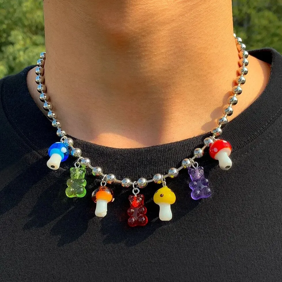 빈티지 아크릴 투명 곰 버섯 펜던트 초커 목걸이, 유니섹스 고스 CCB 비즈 체인, 그런지 쥬얼리, 스팀펑크 남성 선물 