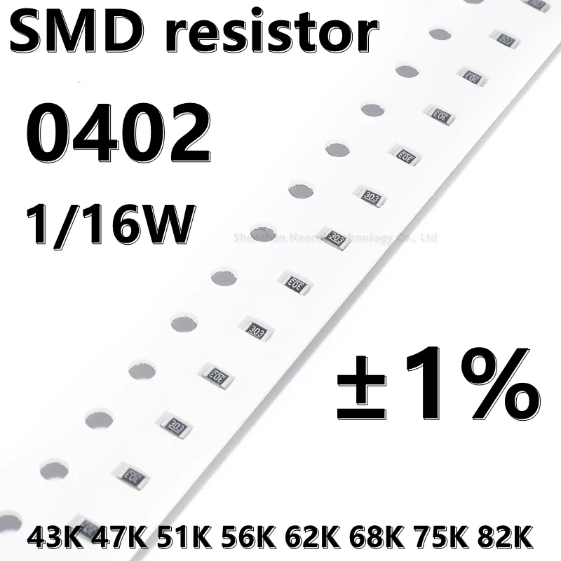 

(100 шт.) 0402 SMD резистор 1% 43K 47K 51K 56K 62K 68K 75K 82K 1/16W