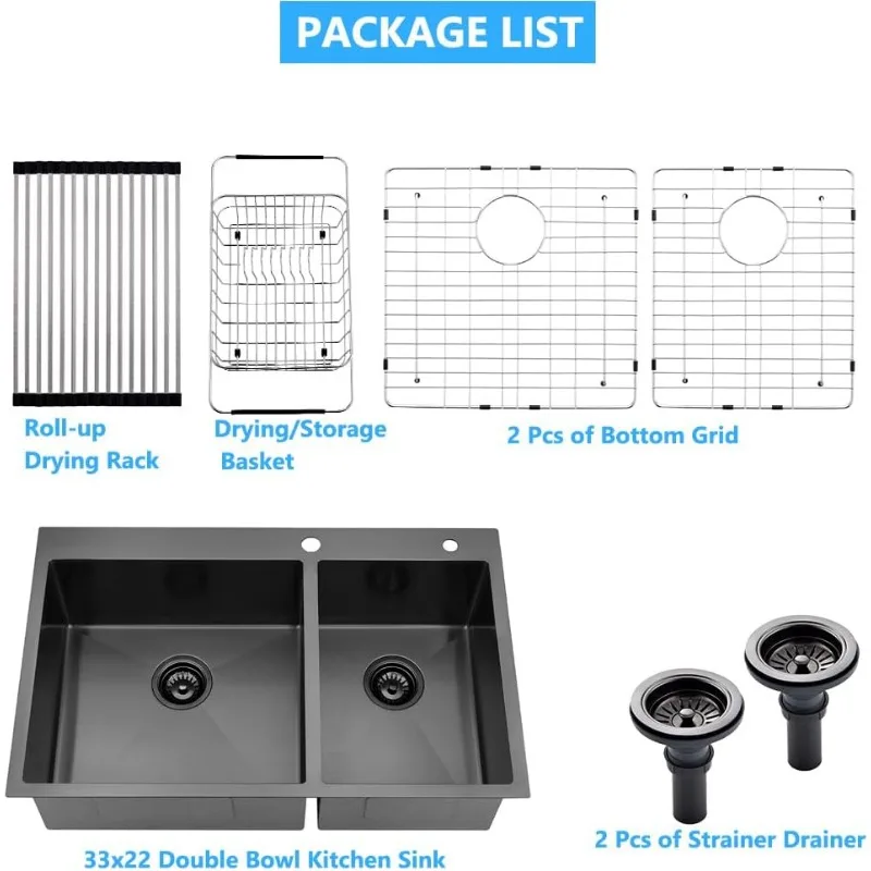 33x22 Black Drop In Double Bowl 60/40 Kitchen Sink, 33 Inch 16Gauge Black Drop In 60/40 Double Bowl Kitchen Sinks 6