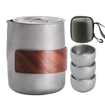 Camping Tableware Set - Lightweight Titanium Coffee Pot, Tea Kettle - Outdoor Camping Kettle Set with 3 Cups Tea Set For Hiking, Picnics, Camping. 1