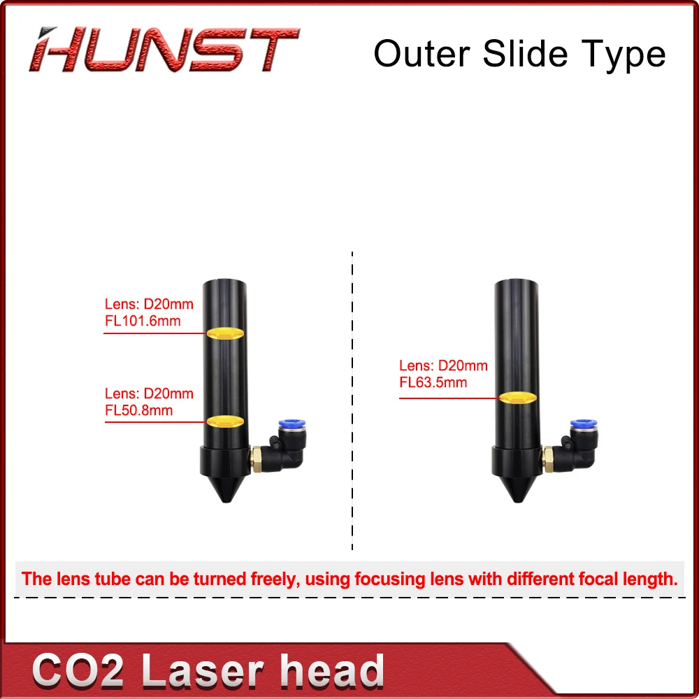 Hunst CO2 Outer Rail Laser Head With Slider Motor Seat Air Assist Nozzle for D25mm Mirror Lens Dia.20mm FL 50.8/63.5/101.6mm .