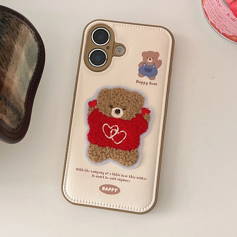 Embroidered Love Heart Bear Leather Drum Bag Case For iPhone 16 Pro Max 15 13 14 Soft Phone Back Cover