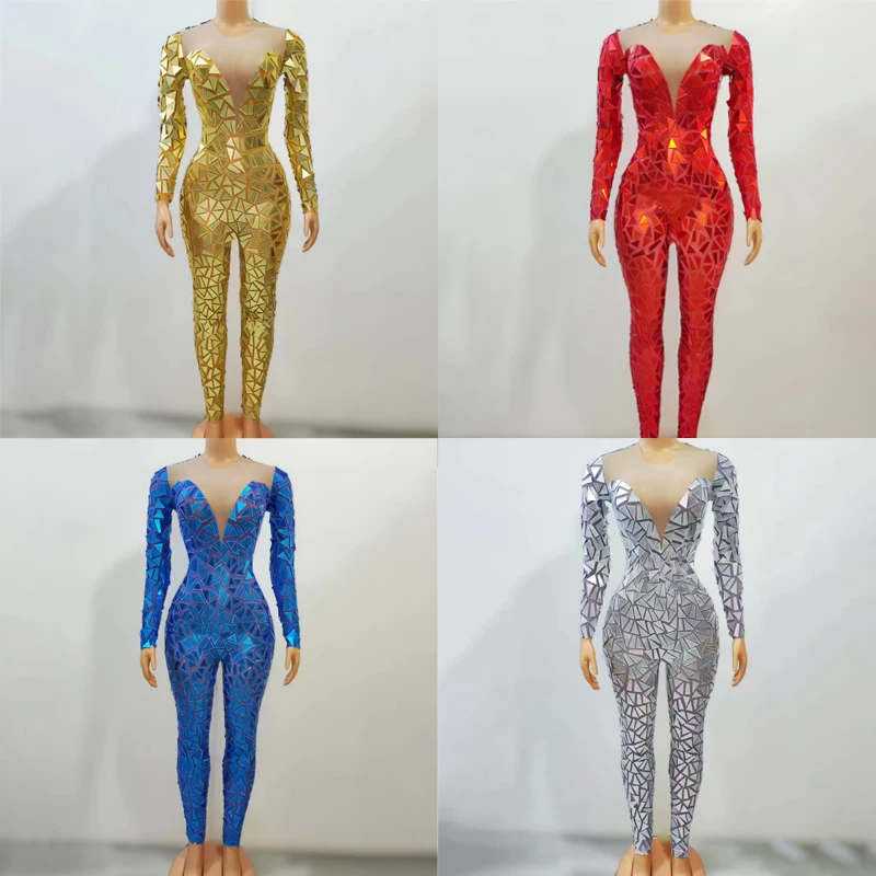 

4 Colors Mirrors Dancer Costumes Women Lens Pole Dance Jumpsuit Dj Ds Singer Party Rave Outfit Stage Performance Clubwear XS6140