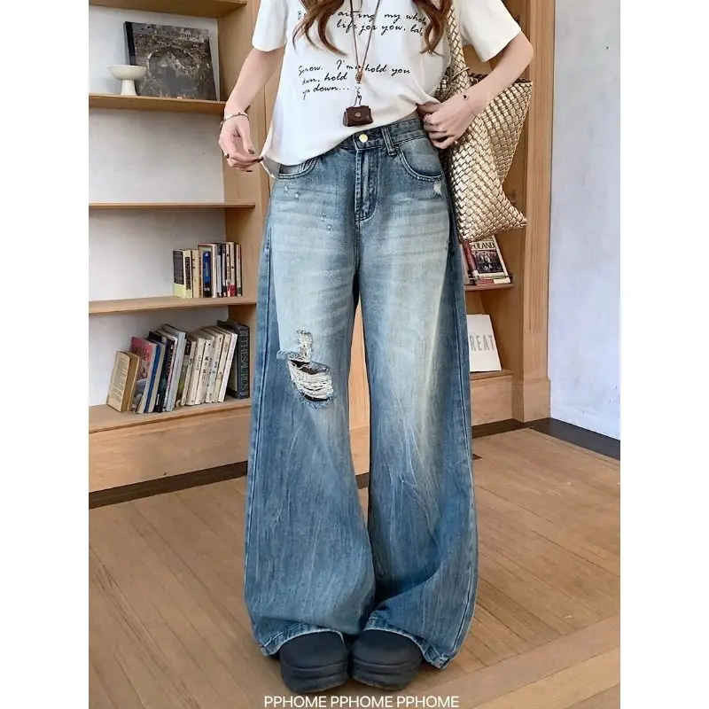 Jean droit taille haute décontracté ample à jambe large pour femme, style américain, en denim bleu déchiré, idéal pour l'été