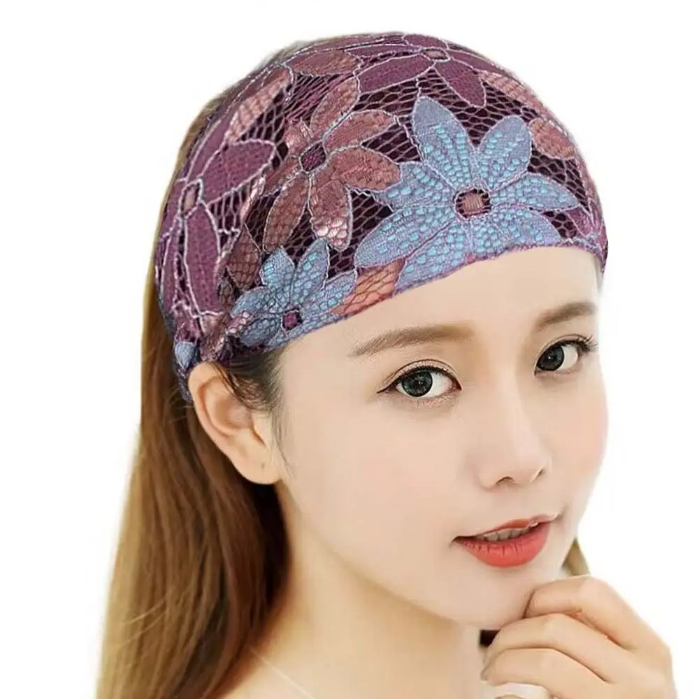 Temperament Non Slip Mesh Flower Headband Hollow Hair Hoop Lace Hairbands Korean Style Headwear Wide Side Head Wrap Daily