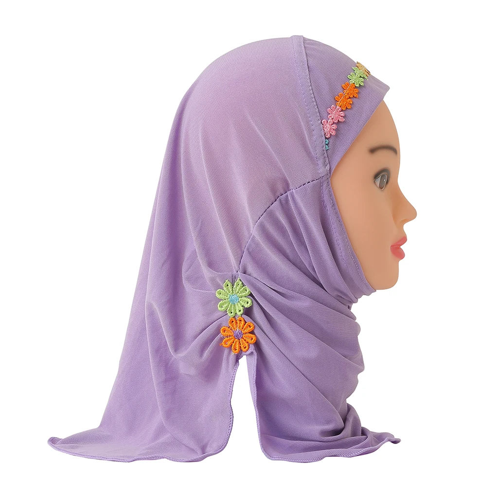 H041 Fit 2-5 years old small girl cute hijab cap with flower muslim scarf islamic headscarf hat amira pull on headwrap