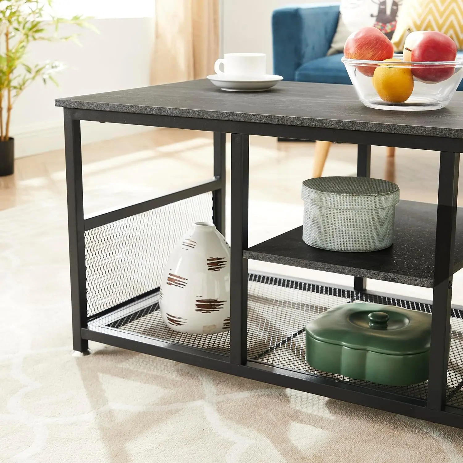 NEW Coffee Center Table with Storage for Living Room Office Reception, Modern & Industrial Mesh Shelf, 39.4 Inch, Charcoal Grey 6