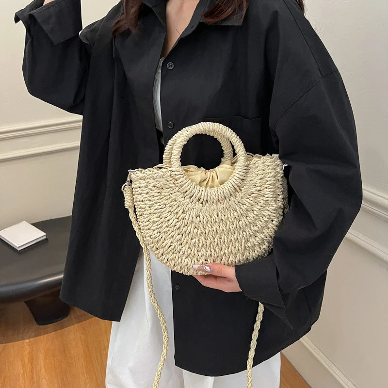 Handwoven Straw Rattan Half-Moon Beach Handbag Large Capacity Women Summer Hollow Out Crossbody Shoulder Bag