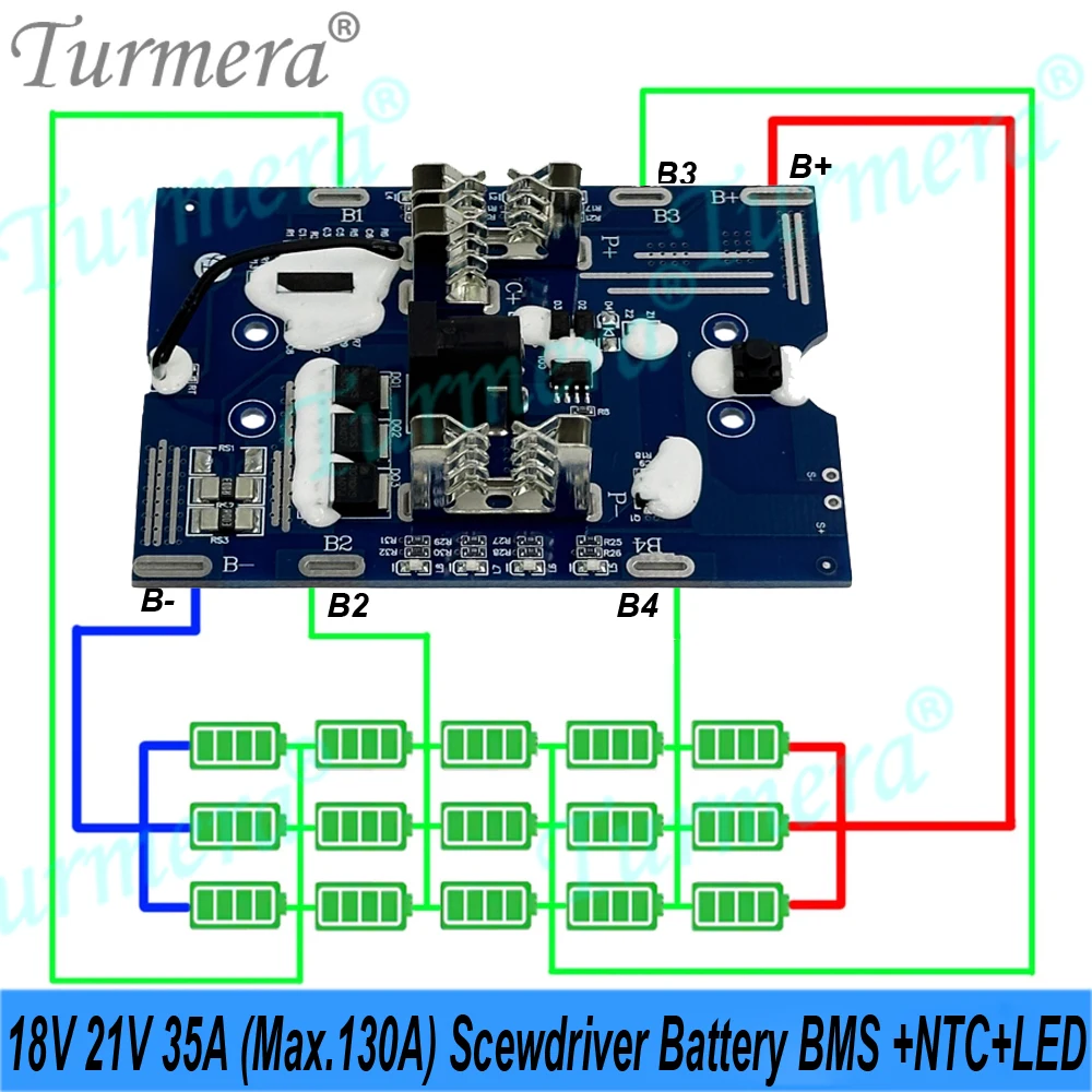 Turmera 18650 배터리 케이스 세트 5X 10X 15X 20X 18V 21V 스크루드라이버 배터리 35A 130A BMS LED 디스플레이 DIY 교체용 마키타 호환