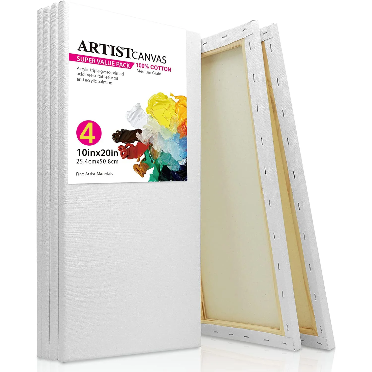 Pack of 4 Stretched Canvas for Painting 25x50cm,10x20 inch 100% Cotton Artist Blank Canvas Boards for Painting 8 oz Gesso-Primed