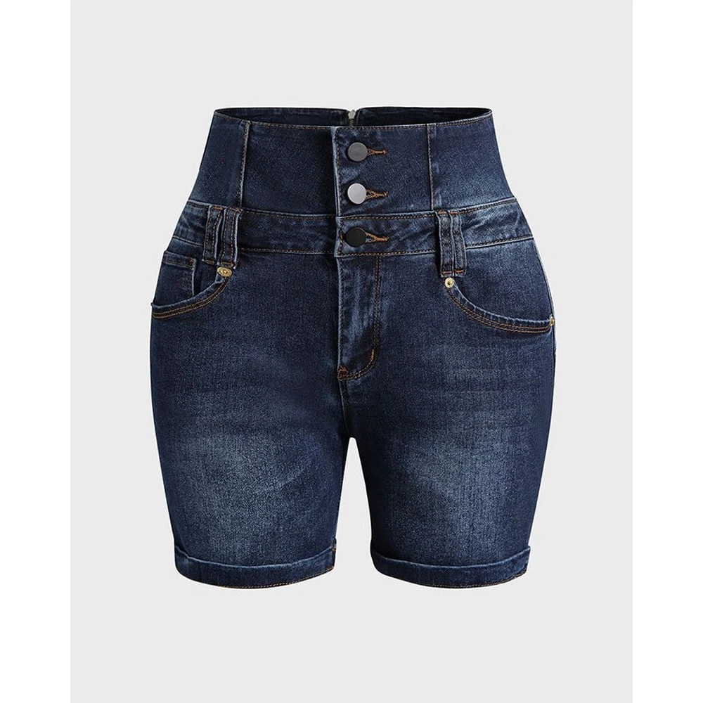 2024 Summer Women High Waist Pocket Design Denim Casual Cuffed Shorts High Waist Skinny Hot Pants Fashion Wear Holiday Jeans