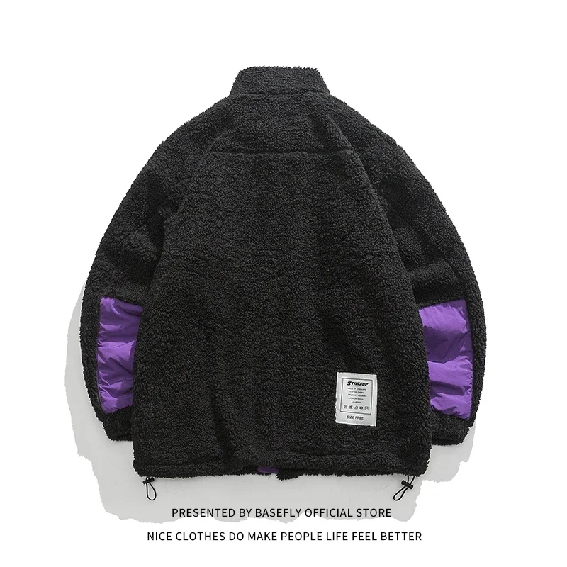 Men Bomber Jacket Chic Winter Thick Patchwork Lambswool Sheep Fur Like Unisex Women Baseball Coat High Streetwear Couple