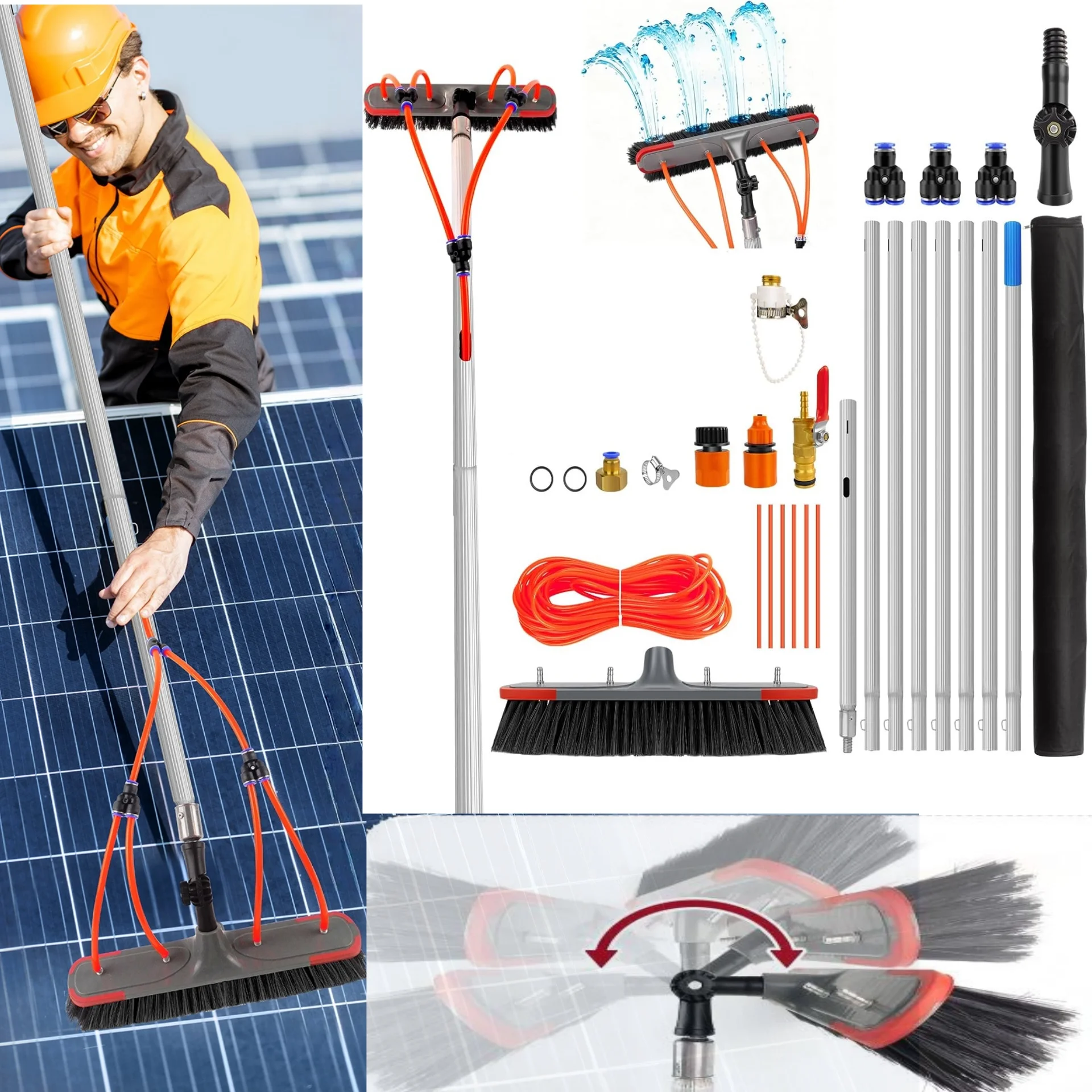 7m Aluminium Telescopic Cleaning Brush with Water Hose for Solar Panels, Water Fed Cleaning Pole Kit with180° Adjustable Angle