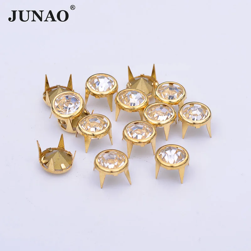 JUNAO 50pcs 10mm Gold Rhinestone Rivet Metal Studs Spikes Decoration Rivet For Leather Clothes Shoes DIY Crafts