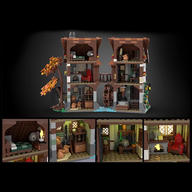 Moc medieval flor árvore moinho de vento casa blocos de construção