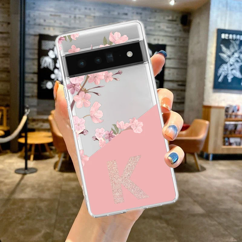 Elegant Pink Floral Alphabet Shockproof Phone Case - Soft Clear TPU Cover