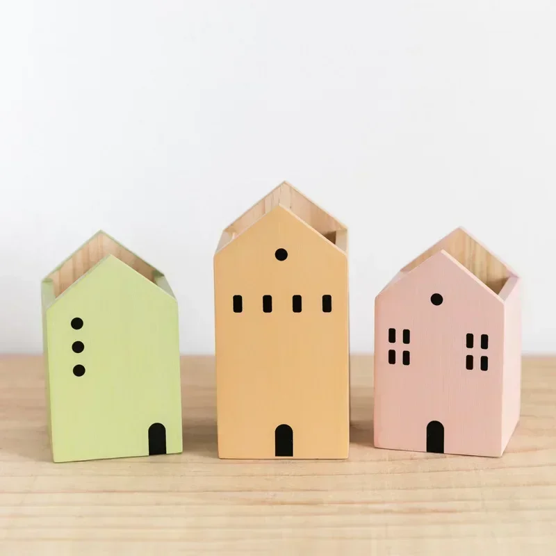 Cartoon House Wooden Pen Holder Pencil container Makeup Brush Stationery storage box Student/ Office Desktop Storage Organiser 6