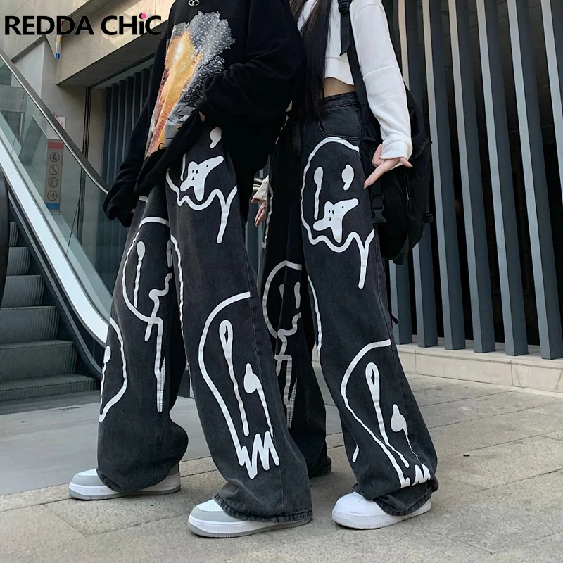 

Черные мешковатые джинсы REDDACHIC в стиле ретро с мультяшным рисунком лица, мужские повседневные широкие брюки с графическим принтом в стиле граффити, уличная одежда в стиле Харадзюку Y2k