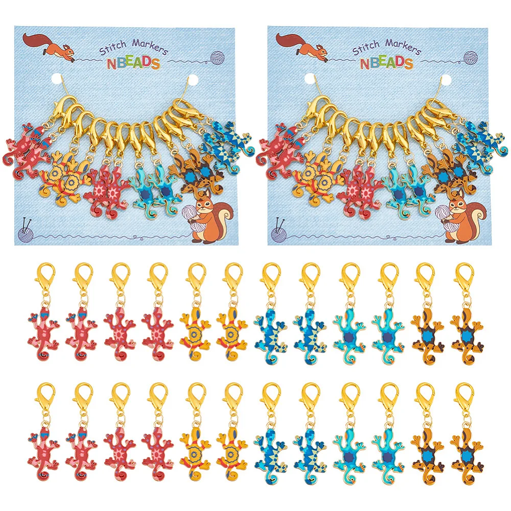 

24PCS Gecko Stitch Markers Alloy Enamel Crochet Lobster Clasp Charms Locking Stitch Marker with Wine Glass Charm Ring Mixed