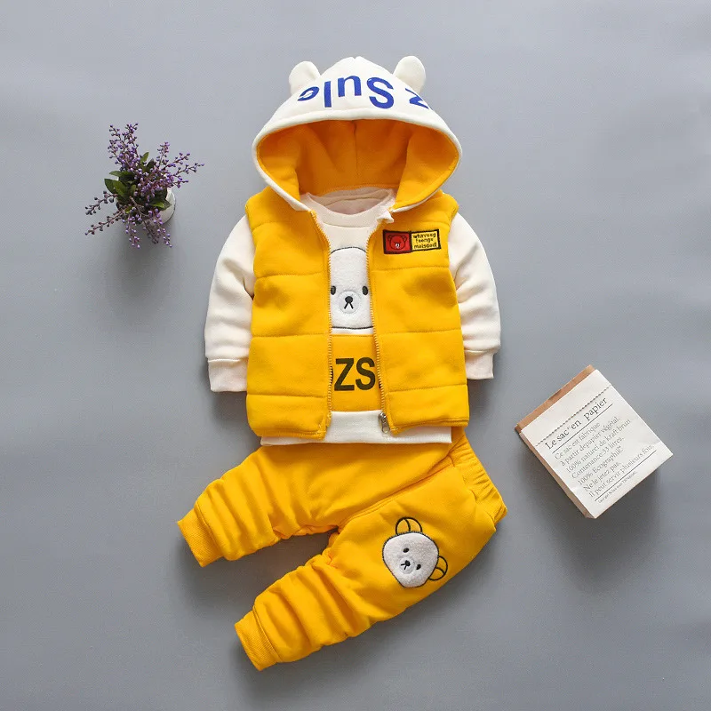 New Autumn Winter Baby Girl Clothes Children Boys Thickened Hooded Vest T-Shirt Pants 3Pcs/Sets Toddler Costume Kids Tracksuits 2
