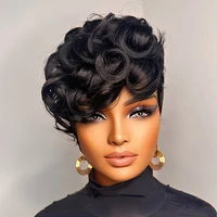 1B #   Perruque de cheveux humains coupe lutin pour femmes, 6 pouces, couches courtes, amples et bouclées avec frange, densité 180%, cheveux brésiliens Remy, bonnet en filet Rose 1