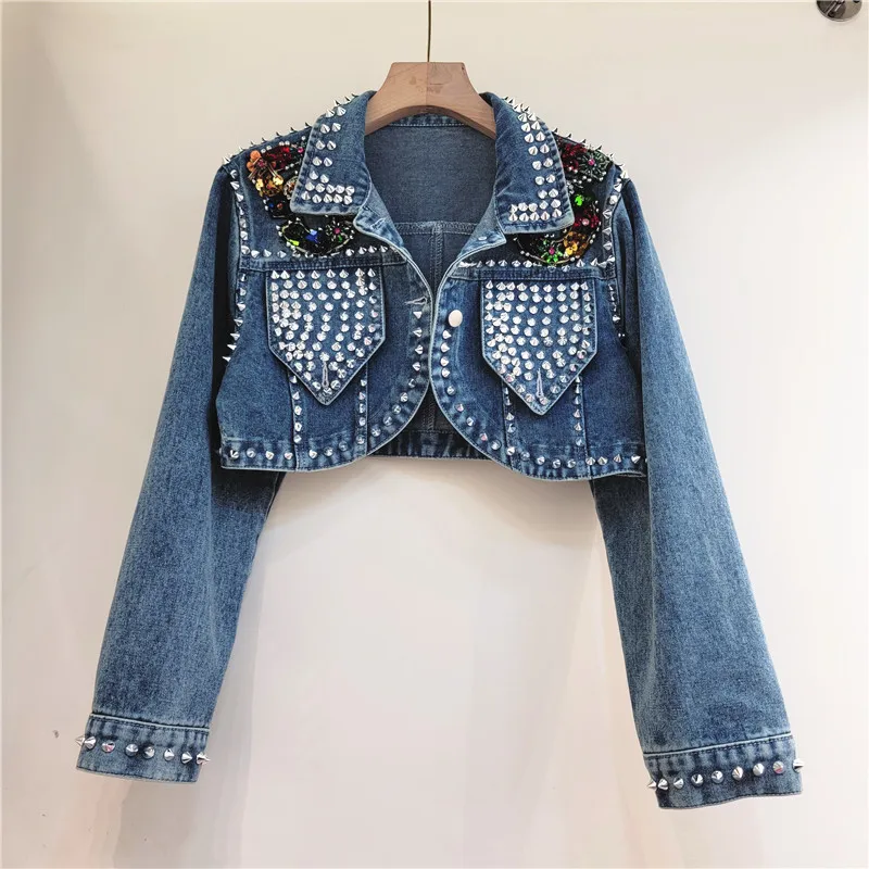 

Heavy Work Multicolour Diamonds Rivet Denim Jacket Women High Waisted Slim Short Cowboy Outwear Vintage Blue Jeans Jacket Female