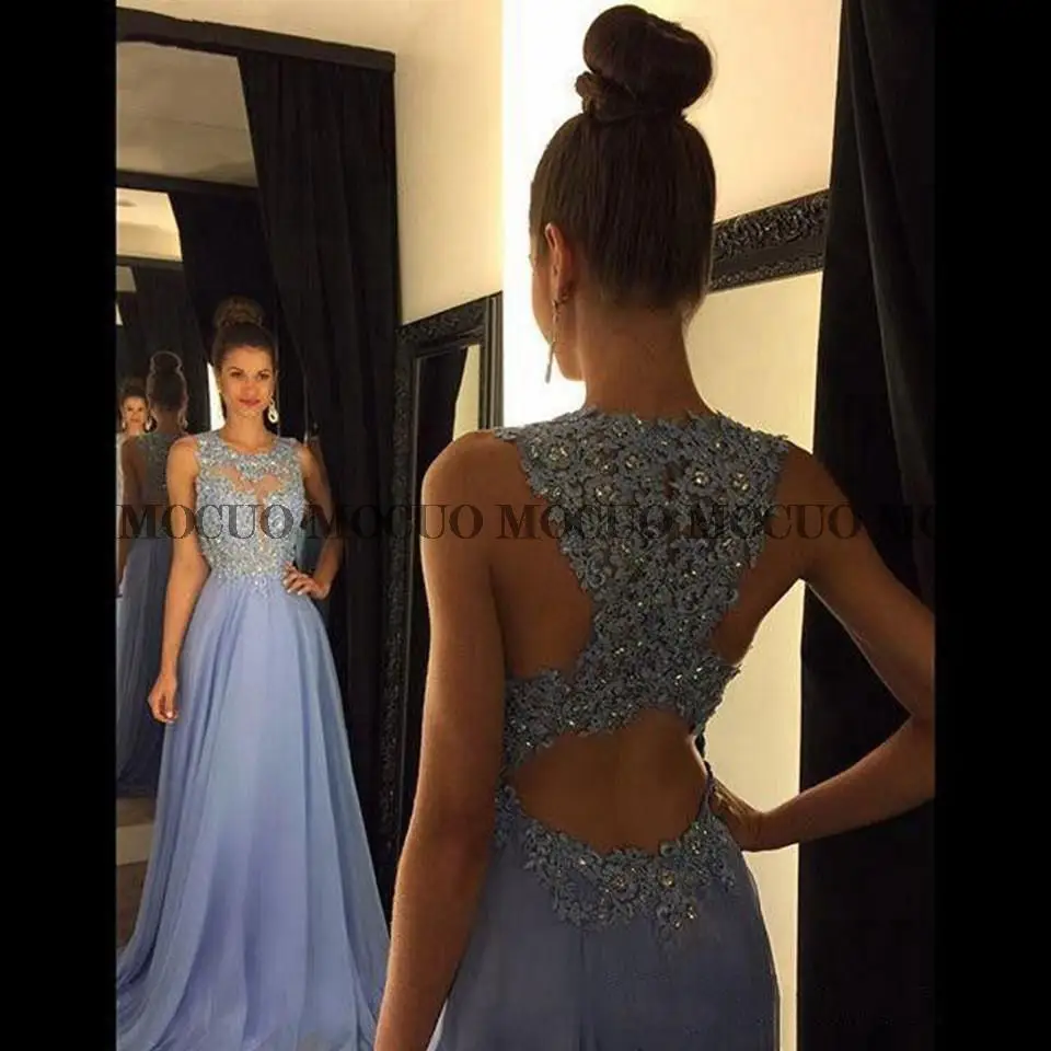 

Elegant Sequined Crystal Evening Dresses 2022 Women Party Night Sky blue Sleeveless Long Prom Dress Special Back robe de soiree
