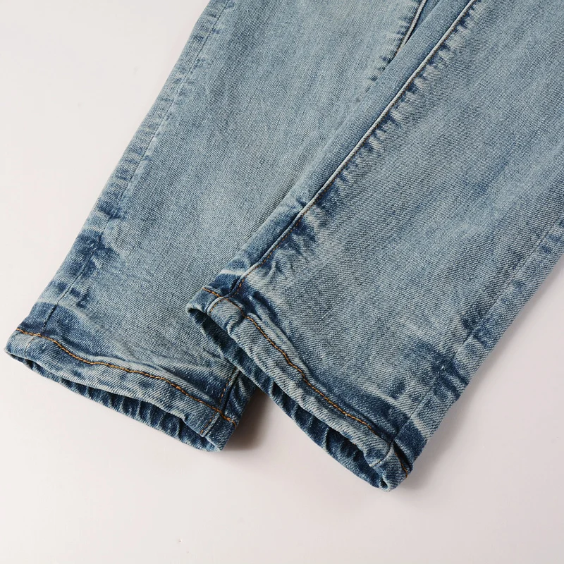 Street Fashion Men Jeans Retro Light Blue Stretch Skinny Fit Ripped Jeans Men White Leather Patched Designer Hip Hop Brand Pants