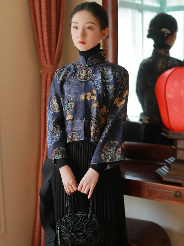 

2023 Autumn New Chinese Style Traditional Hanfu Top Print Cheongsam Oriental Blouse Elegant Festival Party Dress Qipao Top Pd