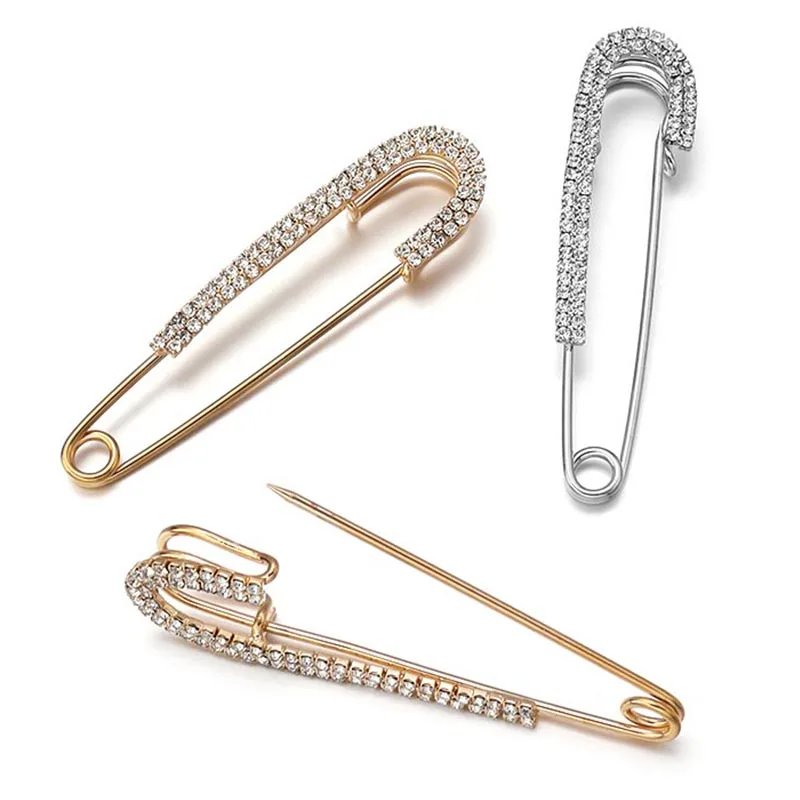 Rhinestones Safety Pin Brooches Large Simple Pins Brooch For Women Dress  Gold Plating Crystals Elegant Brooche Jewelry