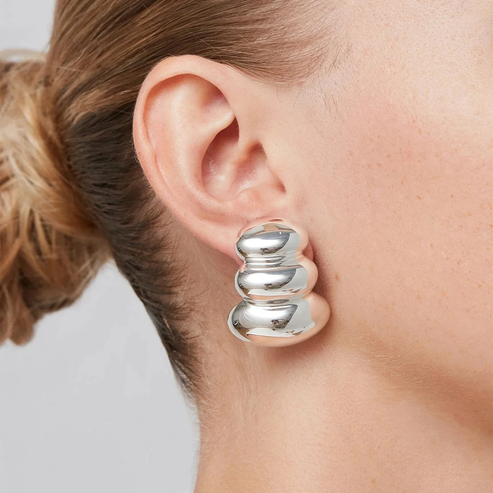 New Chunky Ripple Geometric Ear Studs Stainless Steel Three Layers Dome PVD Waterproof Statement Earrings Vintage Jewelry Bijoux