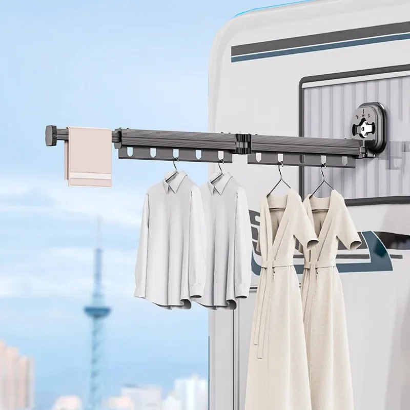 

Folding Portable Clothes Rack Super Suction Cup Wall Mounted Clothesline Aluminum Retractable RV Clothesline For RV Hotel