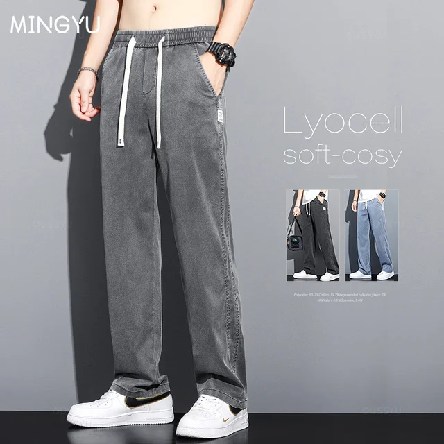 Summer High Quality Lyocell Fabric Jeans Men Loose Straight Thin Elastic Waist Casual Denim Pants Grey Trousers Large Size M-5XL