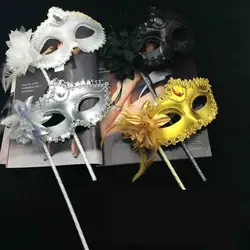 Women Handheld Masquerade Masks White Lace Veil Translucent Half Face Mask On Stick Side Feather Flower Festival Costume Party