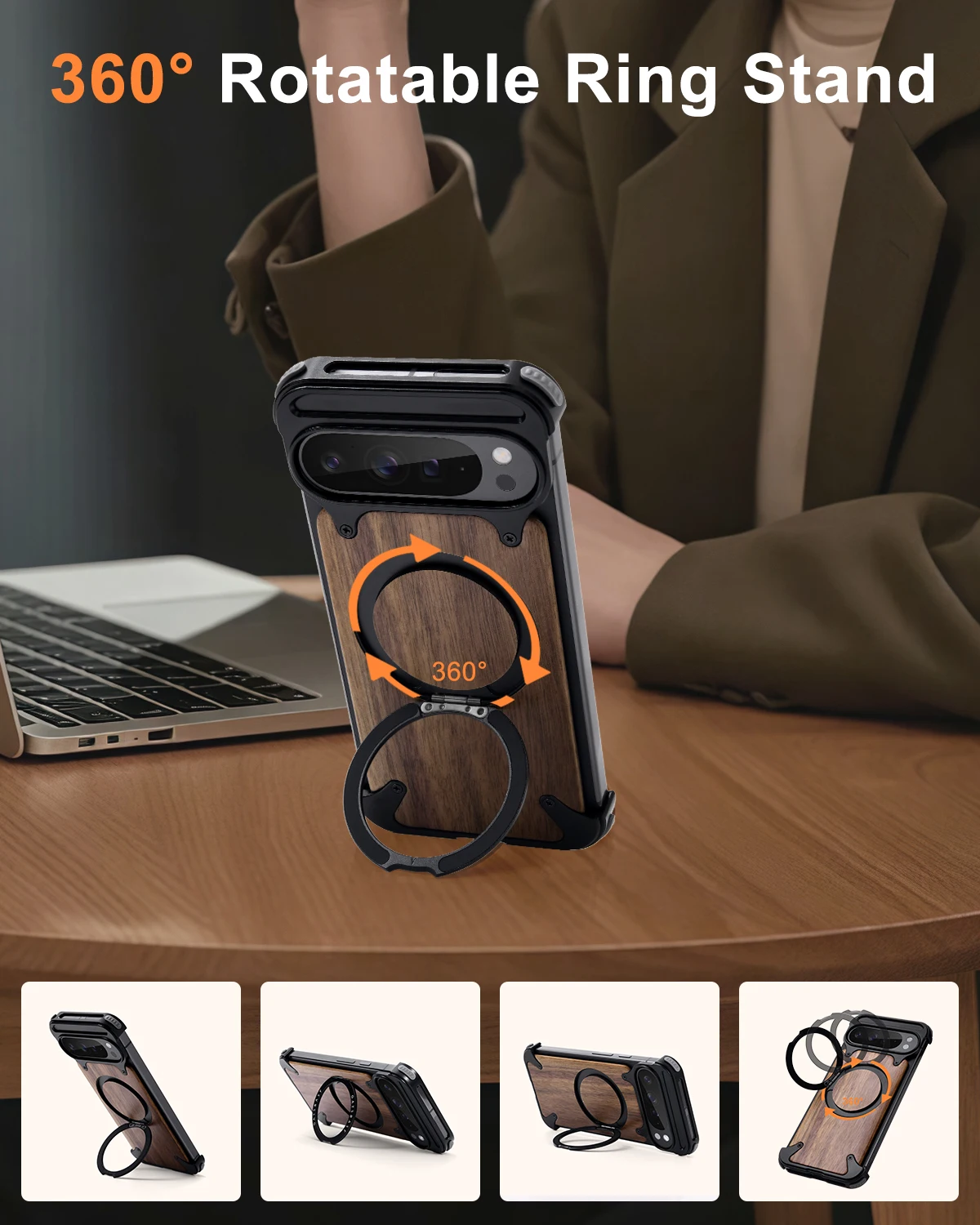 Oatsbasf Solid Wooden Phone Case with 360° Rotatable Stand and Magsafe, Frameless Shockproof Design