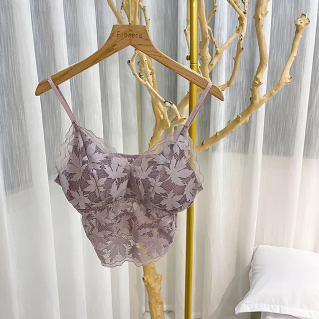 2021 Female Summer Crop Tank Top Women Fashion Deep V Lace Bras Embroidery Floral Tank Top Bra Wrapped Chest Camisole Padded Bra purple 7