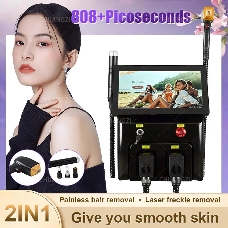 2024 Portable 2 In 1 808 Diode Laser Permanent Painless Hair Remove Switched and Picosecond Laser Tattoo Removal Machine