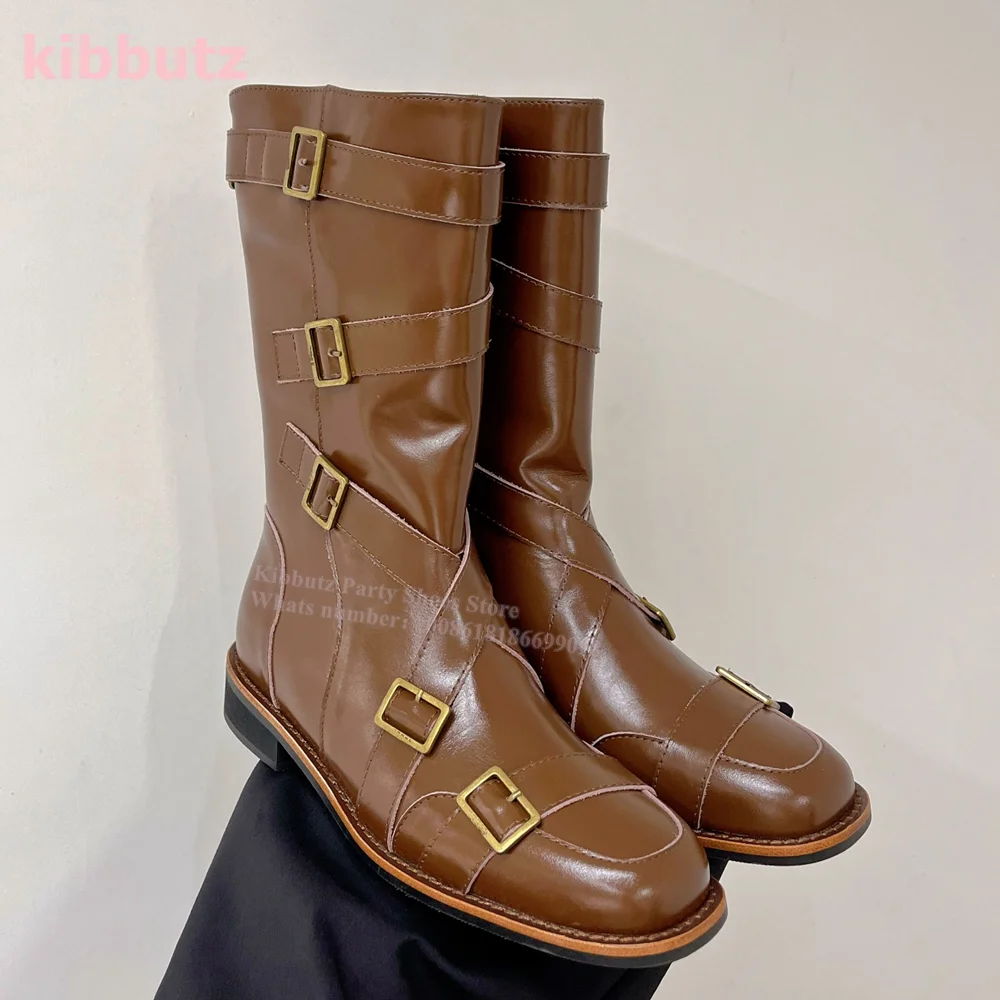 

Belt Buckle Knee High Boots Genuine Leather Low Chunky Heel Round Toe Slip-On Retro Fashion Sexy Concise Men And Women Shoes New