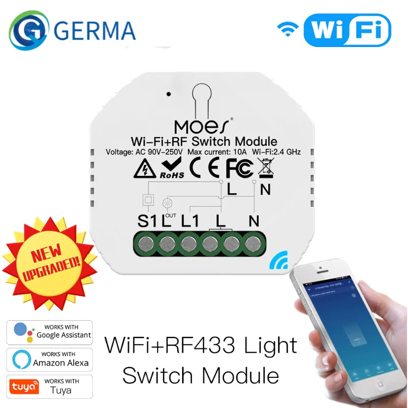 

GERMA WiFi RF433 1 Gang Smart Light Relay Switch DIY Module Smart Life/Tuya App Control, Work with Alexa Google Home 1/2 Way