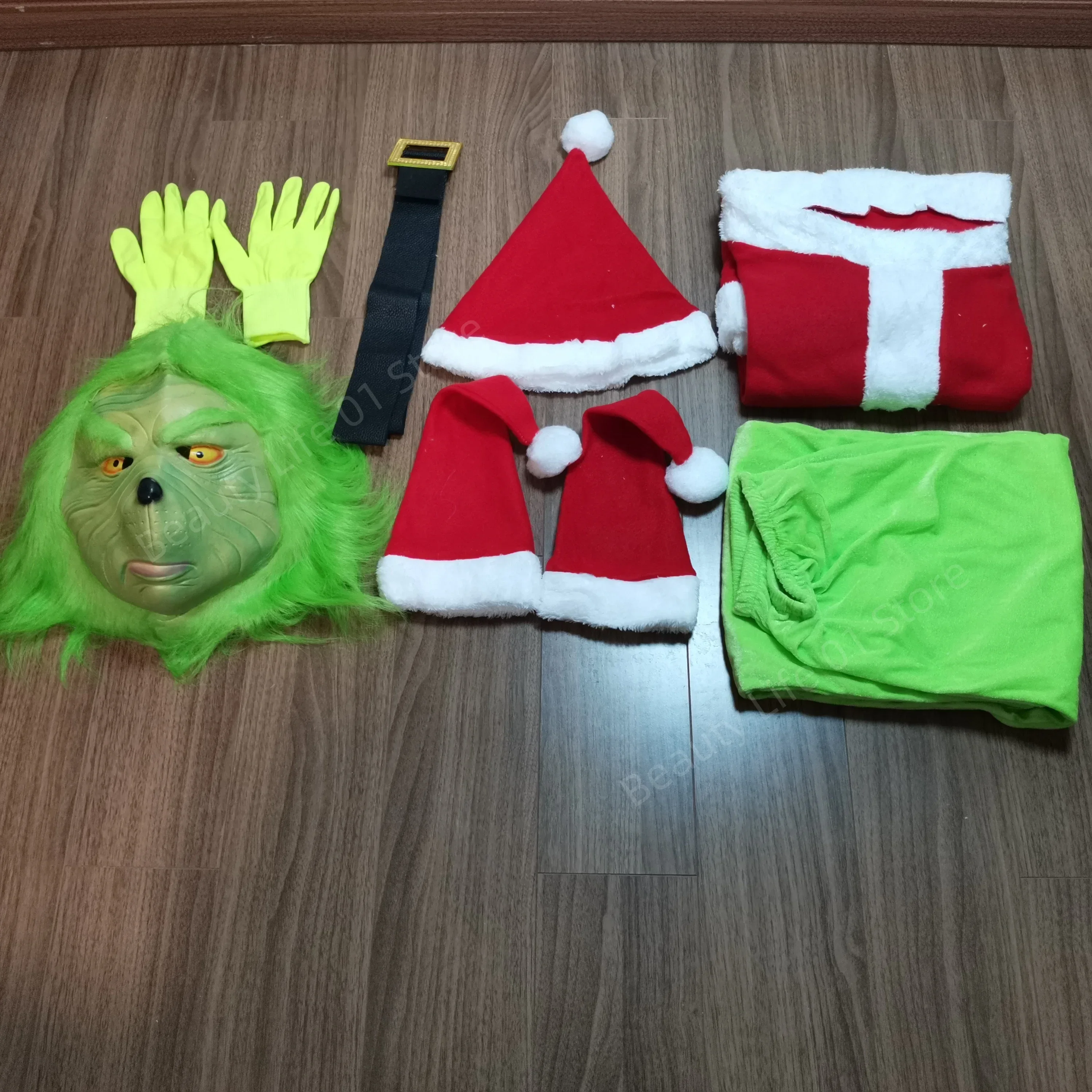 Grinch Cosplay Costumes Anime Green Attire Clothing Santa Cos Halloween Claus Hat Glove Belt Mask For Women Men Anime Carnival