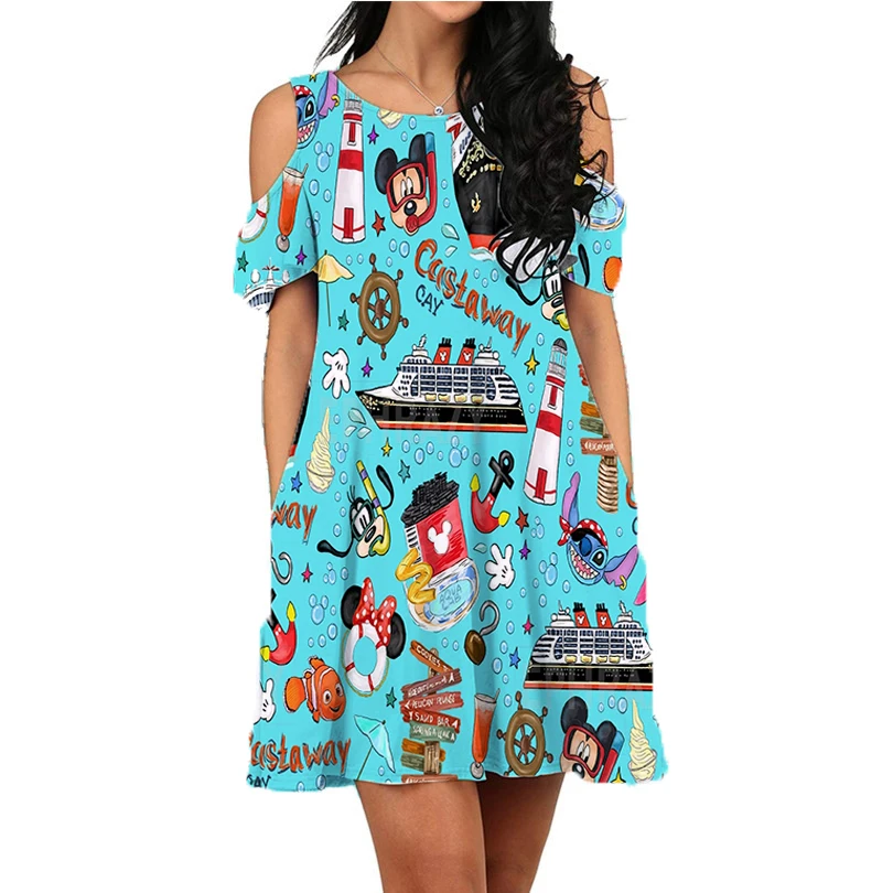 디즈니 크루즈 섹시한 여성 반팔 드레스, 디즈니 랜드 미키와 친구들 비치 드레스, 캐주얼 드레스 