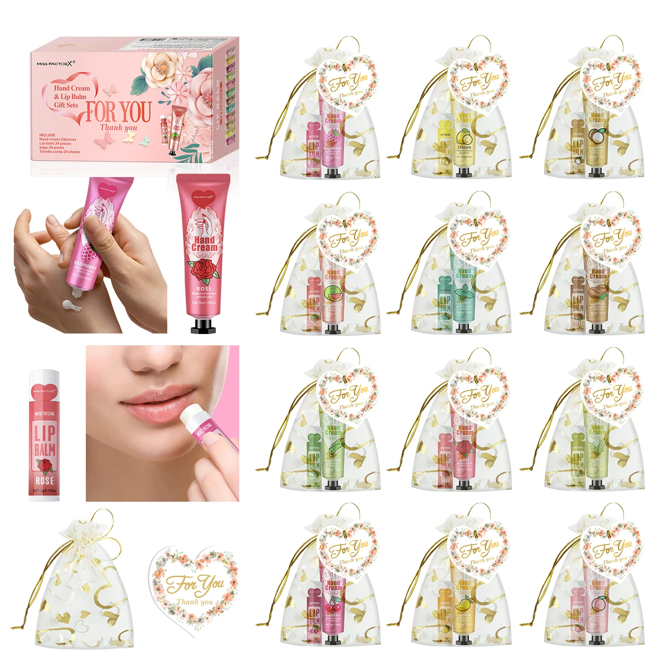 24 Hand gift Hand cream and lip balm set Friends Party Gift with love net bag and thank you card Holiday gift 4