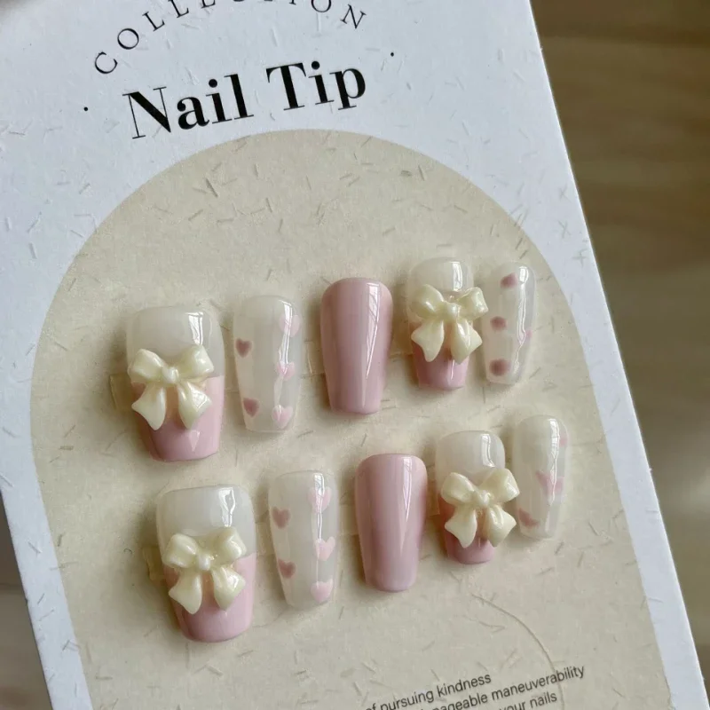 

Pink Bow Handmade Wearable False Nails for Set Of Students Can Used Short T New Easy Disassembly And Reuse Press On Nails Patch