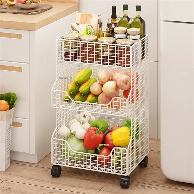 Iron Kitchen Rack Floor-standing Multi-layer Fruit Vegetable Storage Trolley Living Room Toy Storage Mobile Snack Cart N