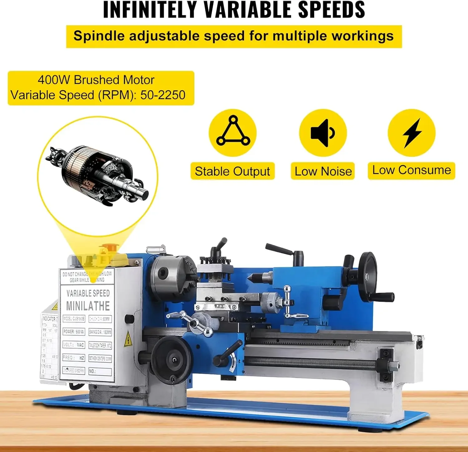 Metal Lathe 7" x 14",Mini Metal 0-2500 RPM Variable Speed,Mini with 4" 3-jaw Chuck,Bench Top Metal Lathe
