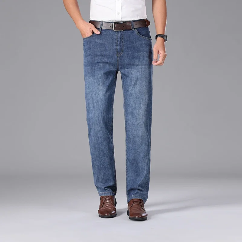 남성용 스트레이트 라이트 컬러 럭셔리 청바지, 비즈니스 레저 클래식 스트레치 얇은 소프트 팬츠, 데님 바지, 2024 여름 신상