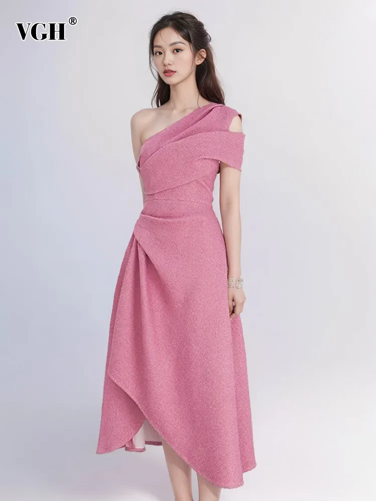 

VGH Solid Patchwork Dolds Elegant Long Dress For Women Diagonal Collar Short Sleeve High Waist Irregular Hem Dresses Female New