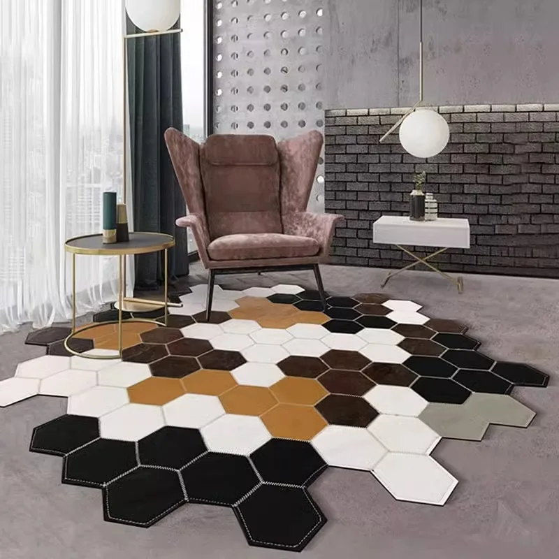 

Irregular Smooth Cowhide Carpet Living Room Natural Real Cow Hide Area Rug Patchwork Handmade Round Floor Mat Study Bedroom Rug